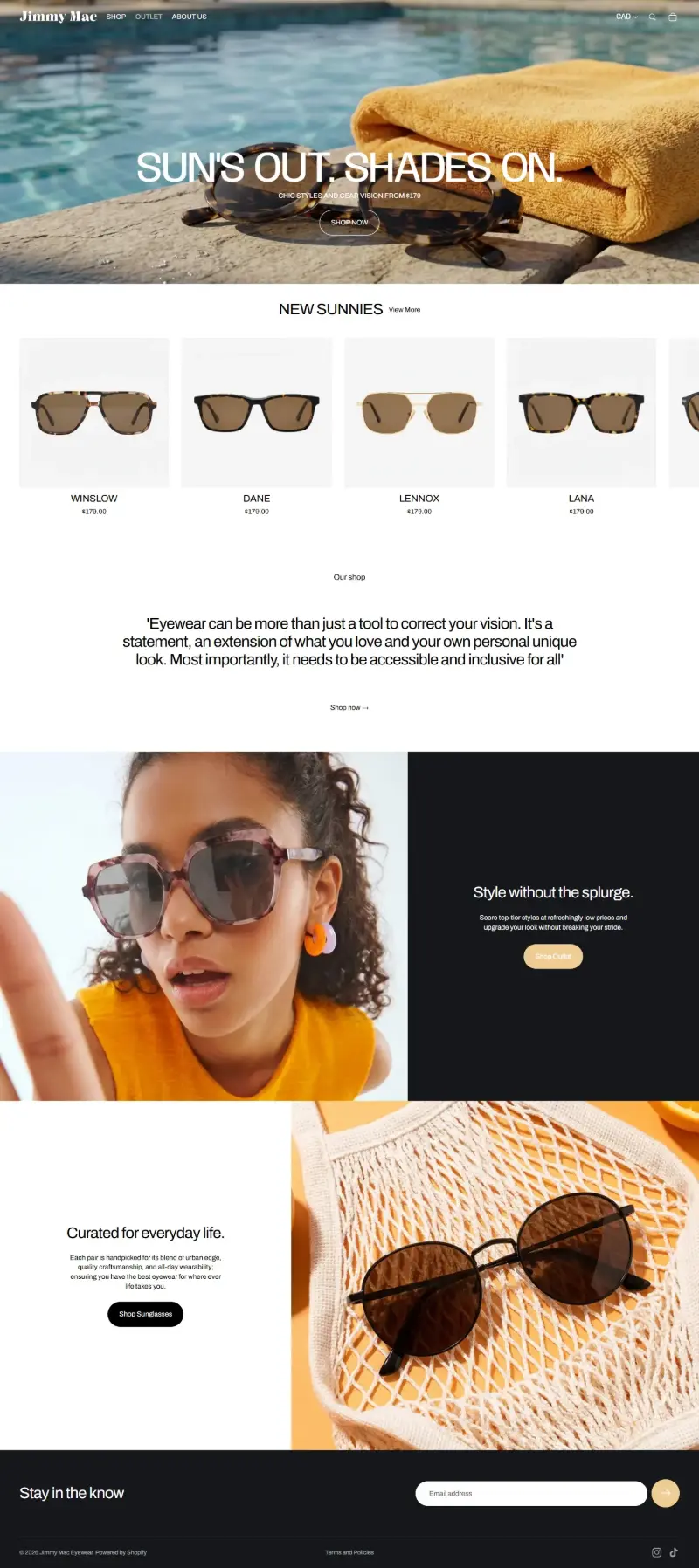 Jimmy Mac Eyewear website, full page